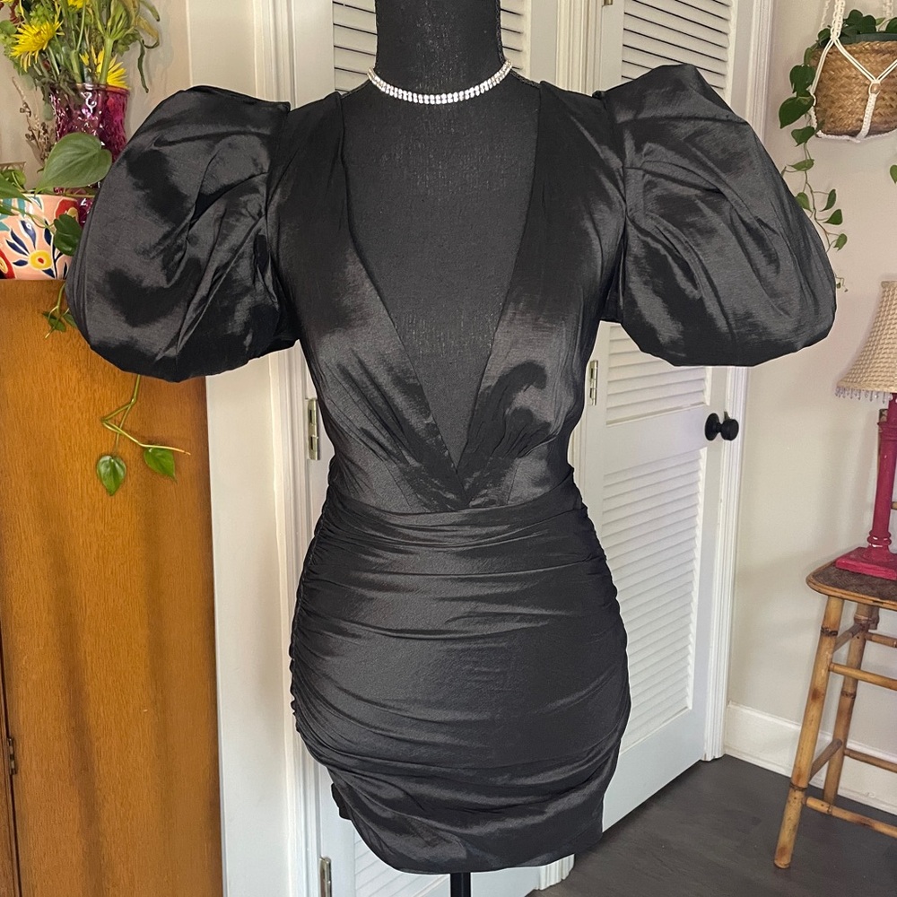 Oh Polly Black Puff Sleeve Plunge Mini Dress - Picture 2 of 7